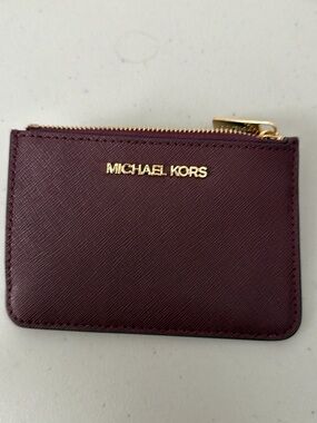 Michael Kors Wine Saffiano Leather Zip ID Card Holder with Gold Hardware